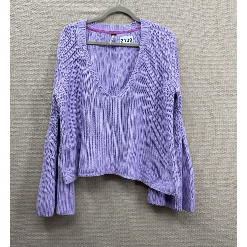 FREE PEOPLE Purple Lilac Women's XL Bell Sleeve Cotton V-neck Sweater NWOT - Picture 4 of 12